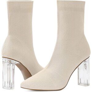 Women's Beige Knit Sock Pointed Toe Clear Mid Heel Slip-on Stretch Booties